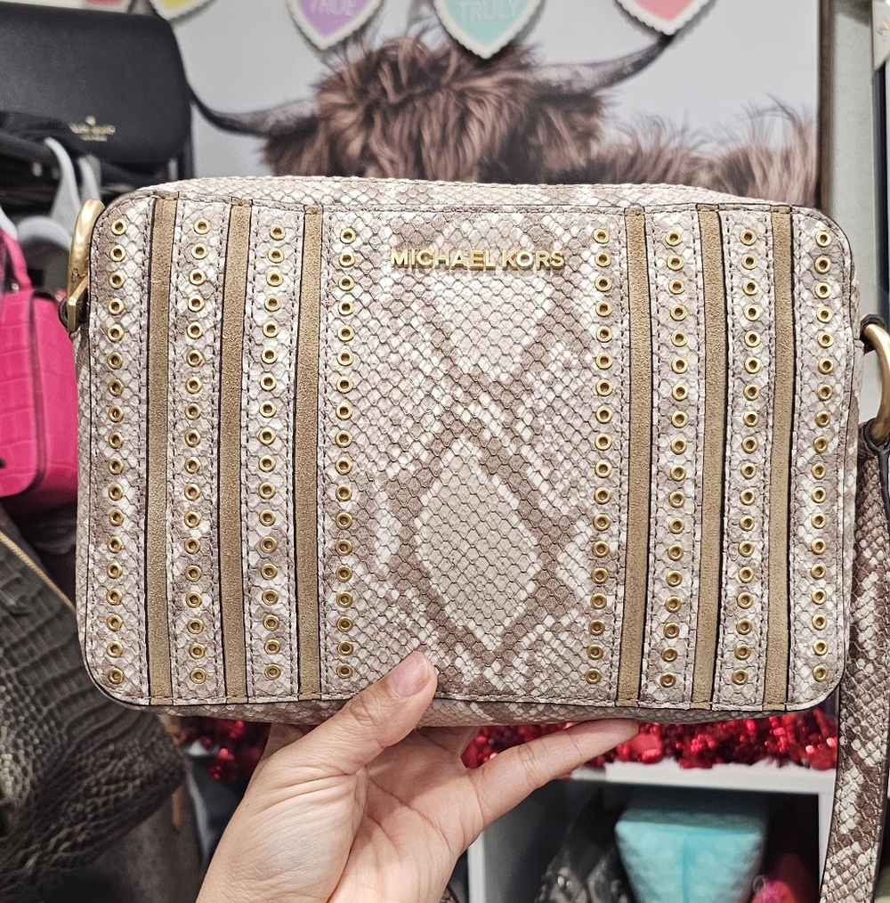 Michael Kors Beige Snake Embossed Shoulder bag With Gold Accents